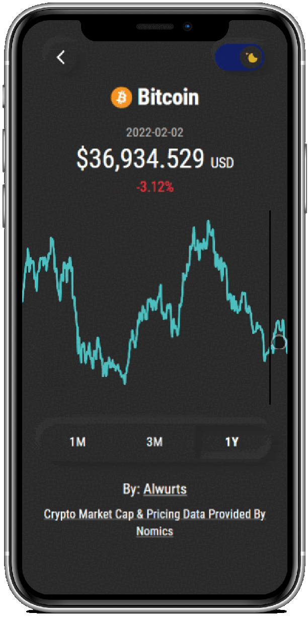 A GIF of an iPhone showing the crytocurrency app being used