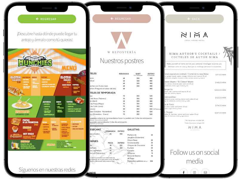 3 iPhones showing different restaurant menus