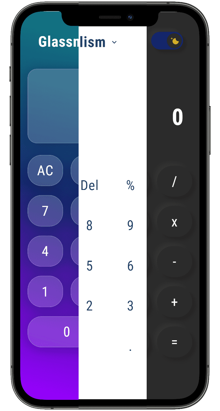 An iPhone showing a calculator in different UI styles